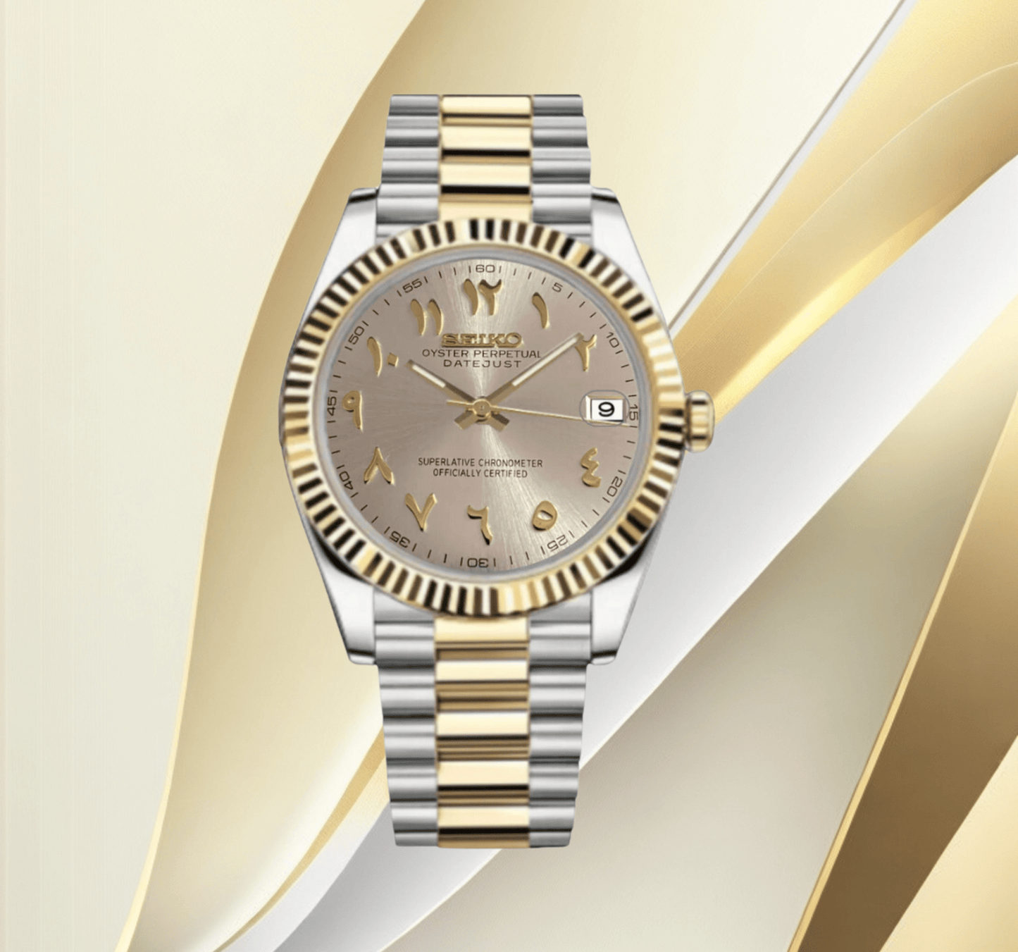 Seiko Mod Datejust Arabic Gold - Pearl White
