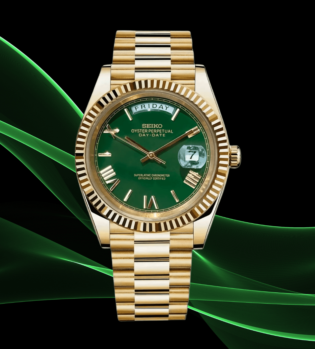 Seiko Mod Day - Date Roman Gold Green