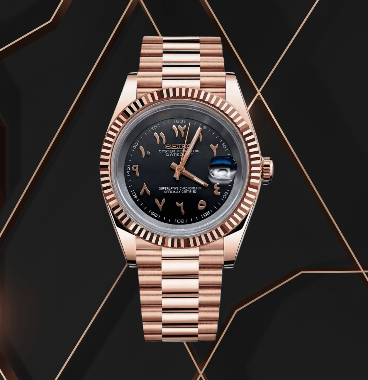 Seiko Mod Datejust Rose Gold Arabic Black